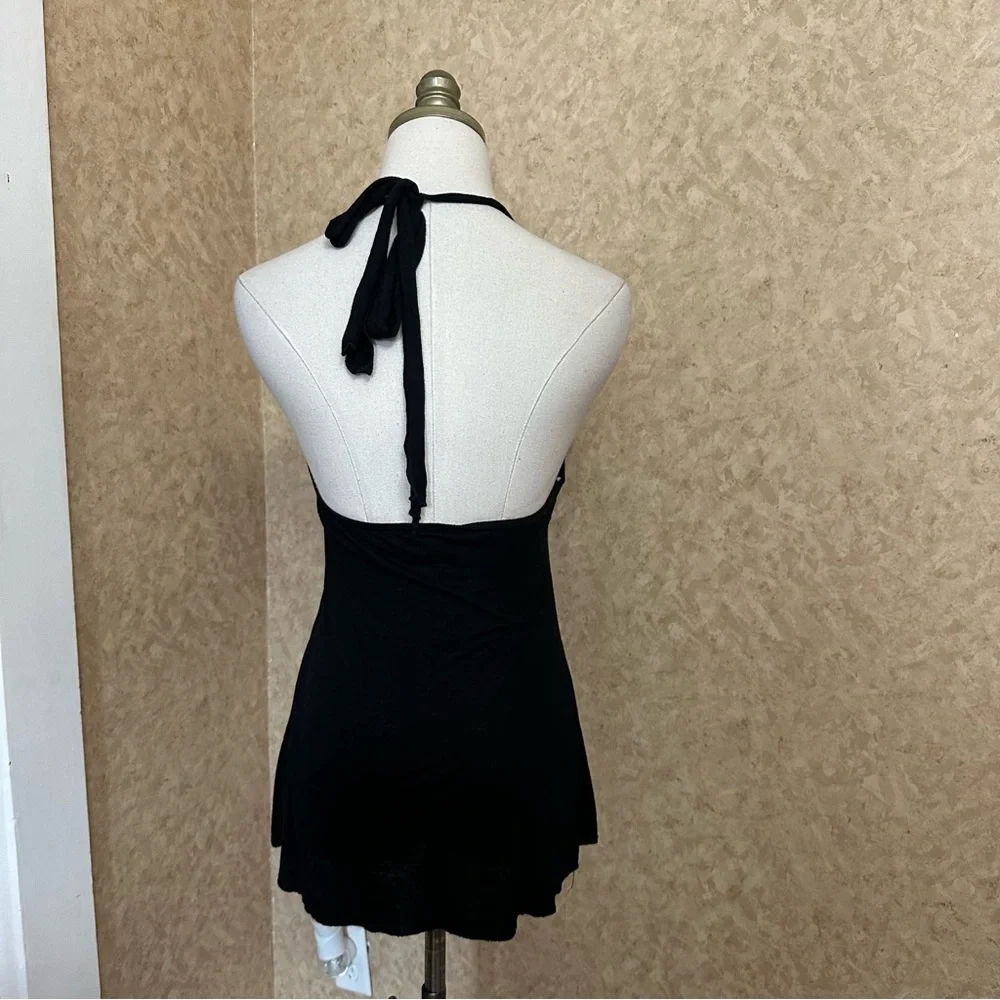 VTG Y2K 2000s RAVE Black Floral Beaded Sequin Split Front Halter Tank Top - Picture 4 of 8